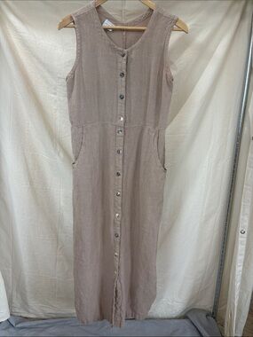 Sleeveless Button-Front Linen Maxi Dress in Taupe